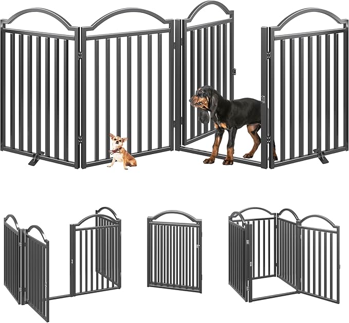 BHG Metal No-Assembly Freestanding Dog Gate with Door Walk Through, Extra Wide 96", Extra Tall 32" Pet Gate, Accordion Puppy Folding Playpen Dog Fence for Indoor &amp; Outdoor, with 2PCS Support - Black