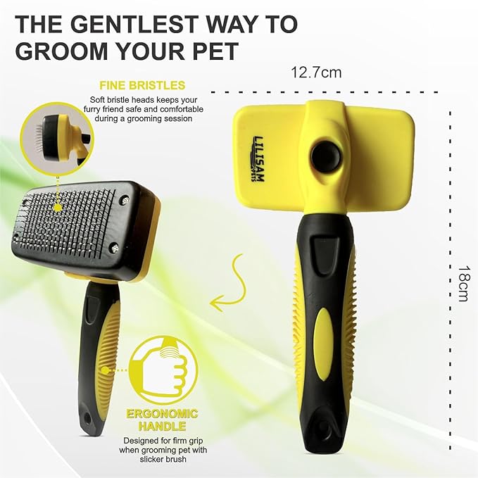Pet Self Cleaning Slicker Brush and Grooming Comb - Gently Removes Loose Hair, Tangles, and Dirt - Skin Friendly Deshedding Grooming Tool for Hair Dogs &amp; Cats - Pet Supplies Accessories (Yellow)