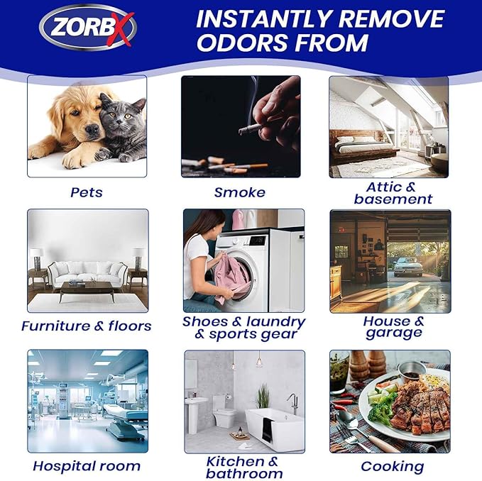 ZORBX Unscented Odor Eliminator for Strong Odor 7.5 Fl Oz, Pack of 4 - Used in Hospitals &amp; Healthcare Facilities - Advanced Formula, Fast-Acting Odor Remover Spray for Dog, Cat, House &amp; Carpet