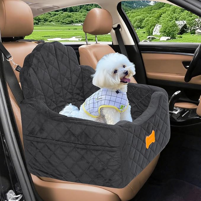 Dog Car Seat for Small Dogs Under 30lbs, Detachable Washable Pet Booster Seat with Safety Belt &amp; Storage Pockets, Travel Car Bed, Black