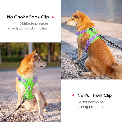 PHOEPET No Pull Dog Harness, Unique Colors Reflective Adjustable Dog Vest, with Soft Training Handle Metal Clips for Small Medium Large Dogs (Green Base &amp; Purple Straps,L)
