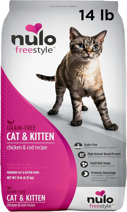 Nulo Freestyle High Protein Cat &amp; Kitten Food, Chicken &amp; Cod Recipe - Natural Grain-Free Dry Cat Food with Omega Fatty Acids &amp; Probiotics, 14 lb Bag