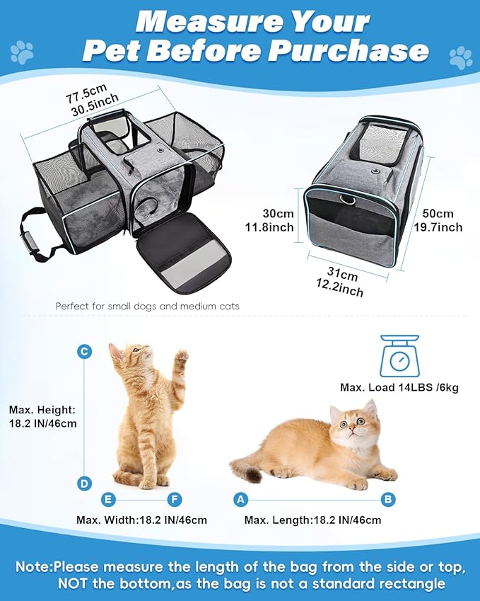 Expandable Travel Pet Bag, Scratch-Resistant Breathable Mesh, Crossbody&amp;Tote Design, Durable&amp;Spacious, Pet Carrier with High-Visibility Windows, Easy-Cleaning Fabric, Removable Soft Pad&amp;Shoulder Strap