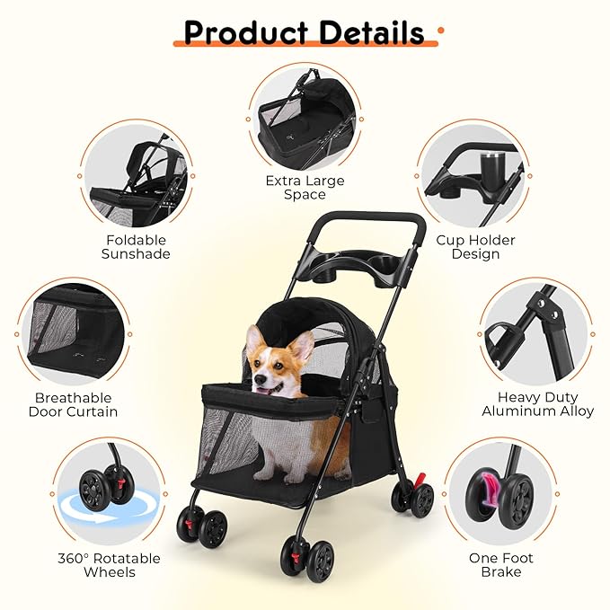 Foldable Pet Stroller for Small/Medium Pets up to 22 lbs - Lightweight 4-Wheel Design with Sun Canopy, Storage Bag &amp; Breathable Mesh
