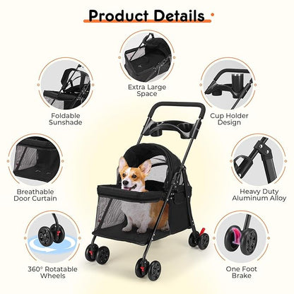 Foldable Pet Stroller for Small/Medium Pets up to 22 lbs - Lightweight 4-Wheel Design with Sun Canopy, Storage Bag &amp; Breathable Mesh