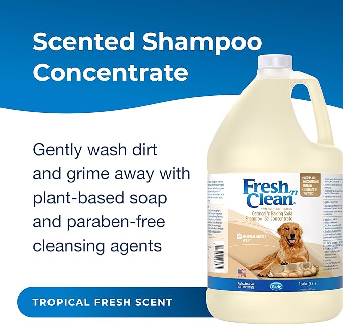 PetAg Fresh ’n Clean Oatmeal ’n Baking Soda Shampoo - Tropical Fresh Scent (15:1 Concentrate) - 1 Gallon - Nurtures Dry, Itchy Skin with Vitamin E &amp; Aloe - Strengthens &amp; Repairs - Soap Free