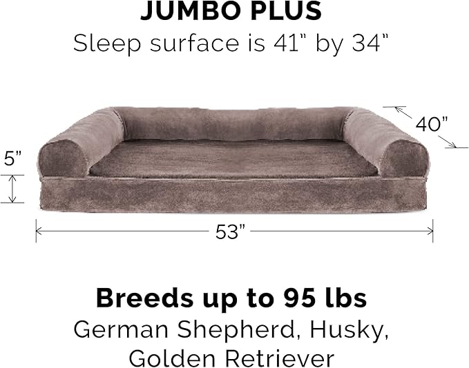 Furhaven Orthopedic Dog Bed for Large Dogs w/ Removable Bolsters &amp; Washable Cover, For Dogs Up to 125 lbs - Faux Fur &amp; Velvet Sofa - Driftwood Brown, Jumbo Plus/XXL