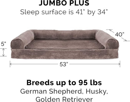 Furhaven Orthopedic Dog Bed for Large Dogs w/ Removable Bolsters &amp; Washable Cover, For Dogs Up to 125 lbs - Faux Fur &amp; Velvet Sofa - Driftwood Brown, Jumbo Plus/XXL