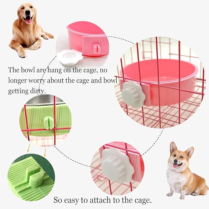 kathson Crate Dog Bowl, Removable Stainless Steel Hanging Pet Cage Bowl Food &amp; Water Feeder Coop Cup for Cat, Puppy, Birds, Rats, Guinea Pigs 2pcs(Blue,Pink)