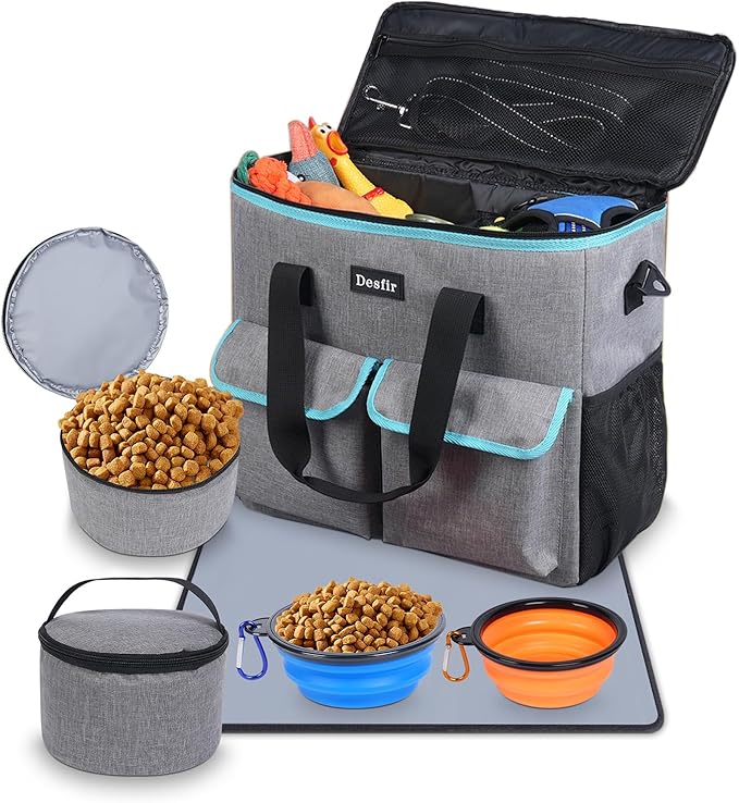 Large Pet Travel Bag Organizer - Dog &amp; Cat Tote with Food Containers, Bowls, Feeding Mat, Perfect for Camping, Hiking (Multi-Pocket Design)