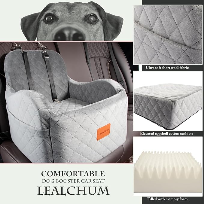 Dog Booster Car Seat for Small/Medium Dogs Up to 35lbs,Ultra Soft Fabric Covered,6in Elevated Cushion,Fully Detachable and Washable,3 Straps &amp; 2 Pockets,Easy to Install(Grey,Medium)