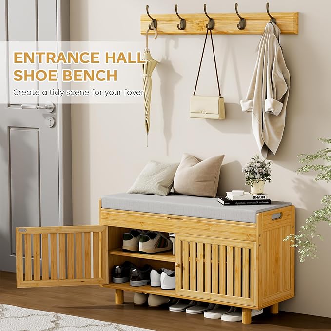 Coat Rack Shoe Bench Set, Bamboo Shoe Storage Bench with Seat Cushion &amp; 5 Hooks, Hall Tree Entryway Bench with Lift Top Hidden Storage, 35.4" W x 12.6" D x 19.7" H, for Entryway, Living Room, Bedroom