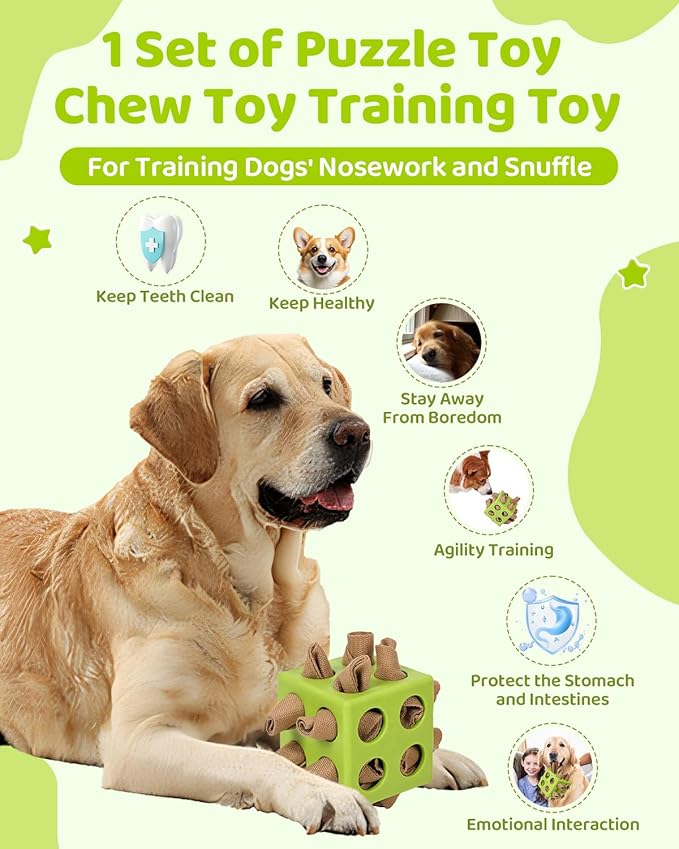 Interactive Puzzle Dog Toy Encourage Natural Foraging Skill, Durable Dog Enrichment Toy Snuffle Cube Cloth Strip with Hide &amp; Seek Food, Slow Feeder for Mind Stimulate &amp; Stress Relief (Green)