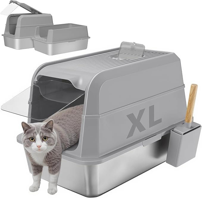 Stainless Steel Litter Box with Lid, XL Extra Large Cat Litter Box, Enclosed Metal Litter Pan with High Sided Enclosure &amp; Scoop, Anti Leakage, Easy to Clean, Odor Control(Grey)