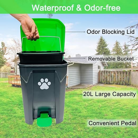 20L/5Gallon Dog Poop Trash Can Outside with Pooper Scooper &amp; 50 Waste Bags- Outdoor Dog Poop Trash Can with Lid, Foot Pedal and Removable Inner Bin Waterproof and Odor Control