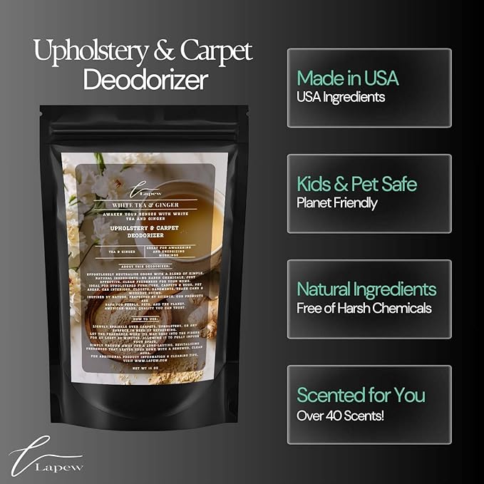 White Tea &amp; Ginger Carpet Freshener Powder: Powerful Odor Eliminator for Home, Upholstery Deodorizer, Carpet Deodorizer, Pet Urine, Cat Litter Box - White Tea &amp; Ginger Fragrance.