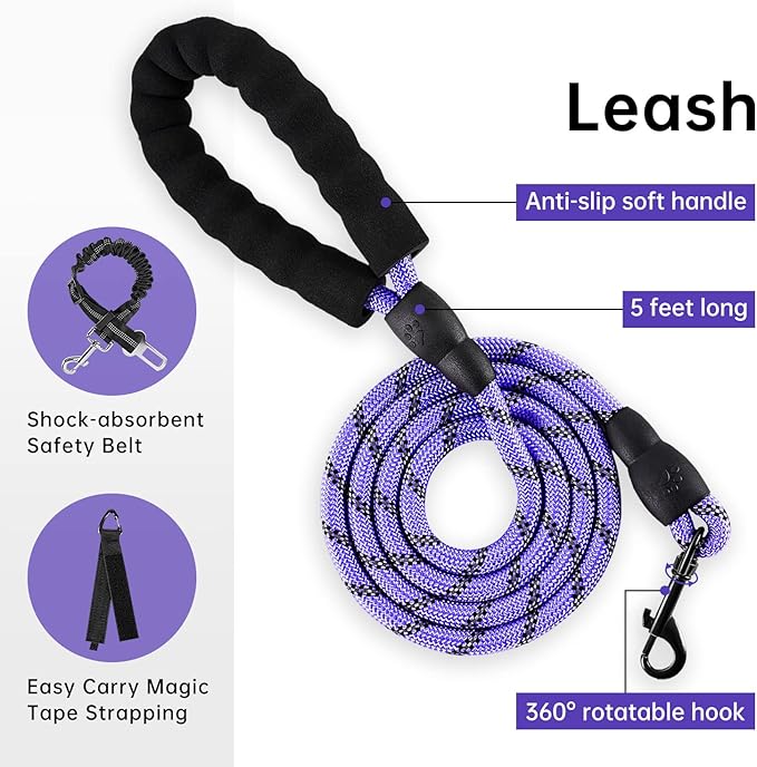 IVY&amp;LANE No Pull Dog Harness for Small Dogs, Dog Vest Harness with Leash, Safety Belt and Storage Strap, Fully Adjustable Harness, 360° Reflective Strip, Soft Handle (Purple, XS)