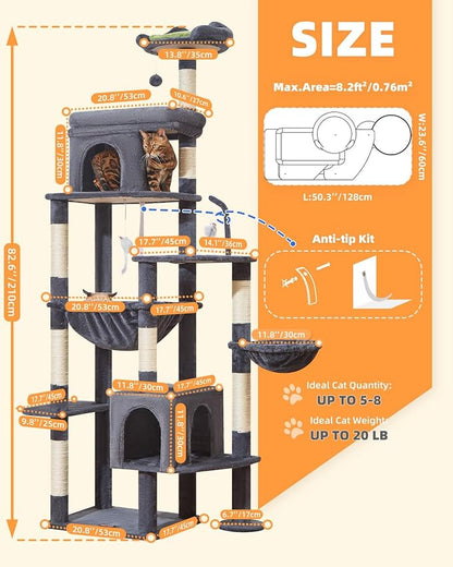 Taoqimiao 83In Heavy Duty Cat Tree, Suitable 20lb+ Large Cats, XXL-Cat Tower for Indoor Cats Large Adult, 2 Luxurious Cat Cando with 8 Scratching Posts,Oversized Metal Hammocks,Smoky Gray MS032G
