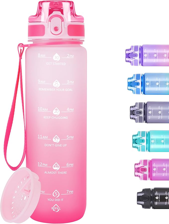 32oz Motivational Water Bottles with Time Marker &amp; Fruit Strainer, Transparent Gradient Color Water Bottle with Times to Drink, Leakproof &amp; BPA Free, Reusable Bottle with Strap (No Straw)