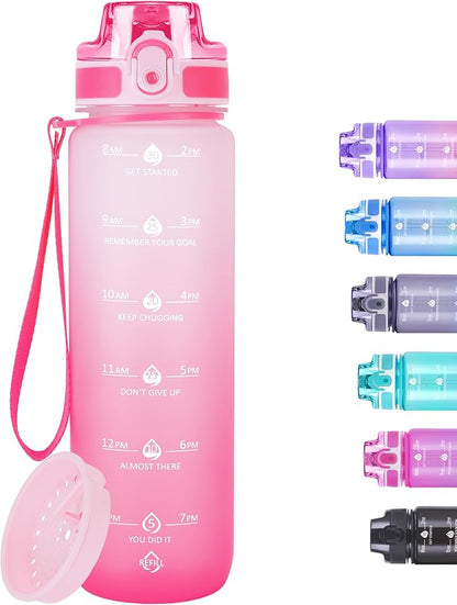 32oz Motivational Water Bottles with Time Marker &amp; Fruit Strainer, Transparent Gradient Color Water Bottle with Times to Drink, Leakproof &amp; BPA Free, Reusable Bottle with Strap (No Straw)