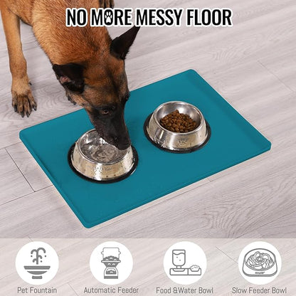 MateeyLife Dog &amp; Cat Food Water Mat for Floors Waterproof, Nonslip Pets Bowl Feeding Mats with Raised Edges, Silicone Matt Tray for Messy Drinkers, 18"x12", Teal