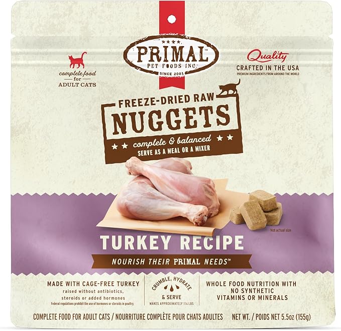 Primal Freeze Dried Raw Cat Food Nuggets Turkey, Complete &amp; Balanced Meal or Topper, Premium, Healthy, Grain Free, High Protein Raw Cat Food with Probiotics (5.5 oz)