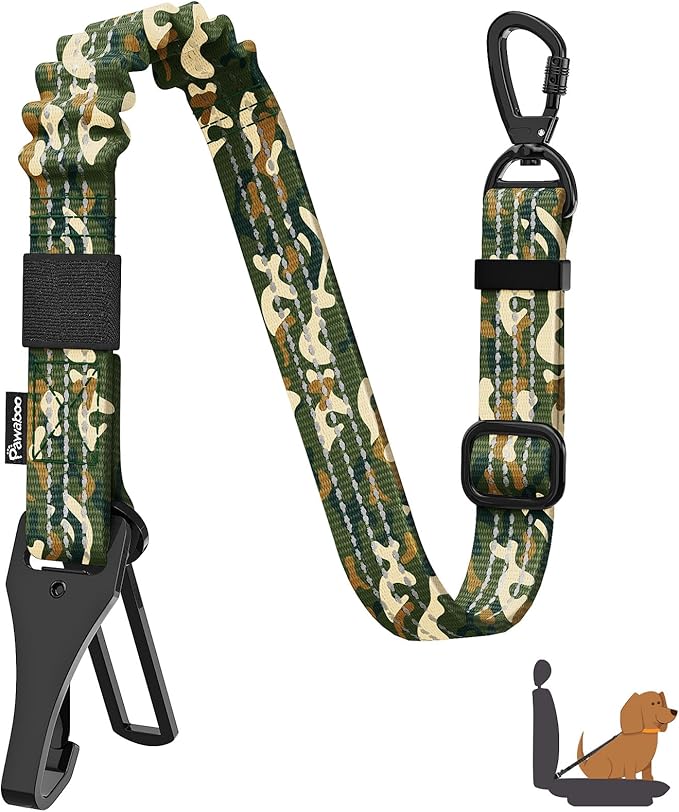 Pawaboo Dog Seatbelt for Car, 3-in-1 Dog Seat Belt Bungee, Shockproof Dogs Tether with Buckle&amp;Hook Latch, Adjustable Reflective Dogs Cars Harness Leash with 360° Lockable Buckle, Army Green Camouflage