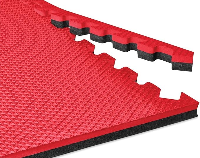Norsk Reversible Gym Exercise Mats 3/4" Thick EVA Interlocking Foam Tiles, Perfect Home Gym Flooring, 32 Tiles &amp; 64 Trim Pieces, 128 Sq. Ft. Reversible, Red/Black