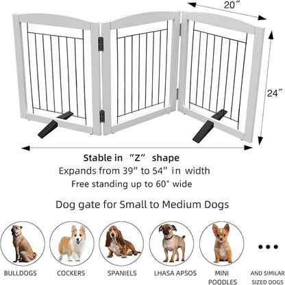 ZJSF Freestanding Dog Fence Indoor, Foldable Dog Gate for Doorways, Stairs or Hallways, Sturdy Wood Extra Wide Pet Gate with Support Feet for The House, White, 24 "Height-3 Panels