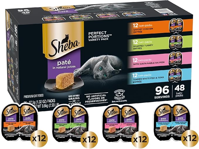 Sheba Perfect Portions Wet Cat Food Pate Savory Chicken, Roasted Turkey, with Sustainable Salmon, and Tender Whitefish &amp; Tuna Variety Pack, 2.6 oz. Twin-Pack Trays (48 Count, 96 Servings)