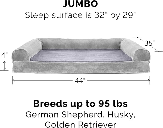 Furhaven Cooling Gel Dog Bed for Large Dogs w/ Removable Bolsters &amp; Washable Cover, For Dogs Up to 95 lbs - Faux Fur &amp; Velvet Sofa - Smoke Gray, Jumbo/XL
