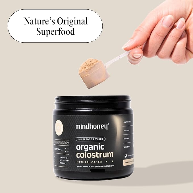 MINDHONEY Organic Colostrum | Premium Cacao Flavored Superfood Powder | Gut Health &amp; Immunity, Skin &amp; Hair, Anti-Aging, Performance &amp; Recovery | Grass-Fed, Pasture-Raised | 30 Servings