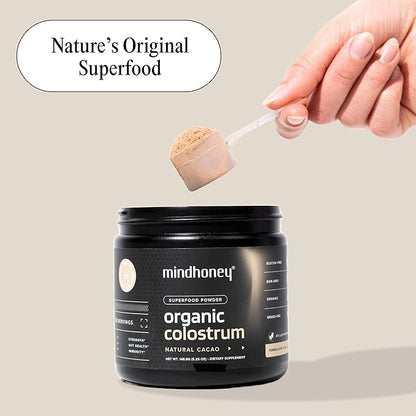 MINDHONEY Organic Colostrum | Premium Cacao Flavored Superfood Powder | Gut Health &amp; Immunity, Skin &amp; Hair, Anti-Aging, Performance &amp; Recovery | Grass-Fed, Pasture-Raised | 30 Servings
