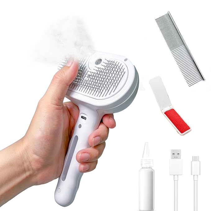 Cat/Dog deshedding brush with spray, Self-Cleaning Hair Comb for Long &amp; Short Haired indoor Cats and Dogs (White)