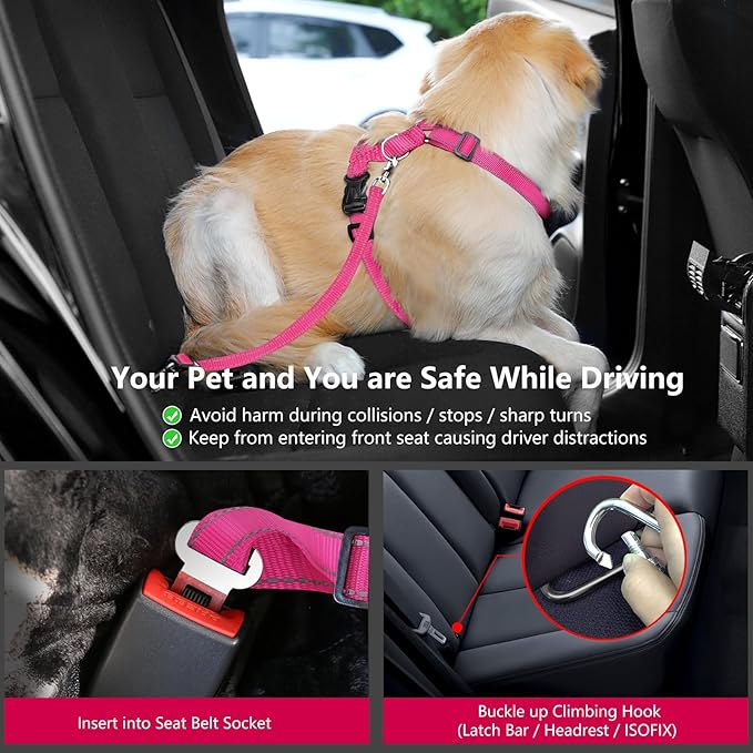 Dog Seat Belt Harness for Car, Dog Car Harness Adjustable Mesh Breathable &amp; Dog Seatbelt Safety Tether with Elastic Bungee for Small Medium Large Pets(Rose, M)
