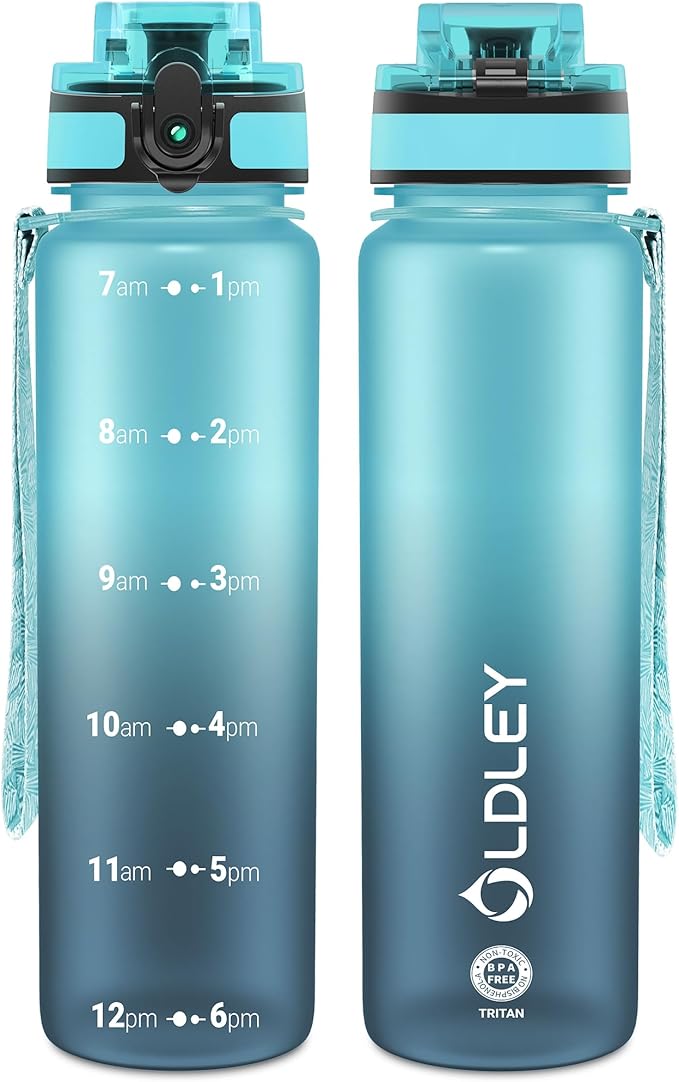 OLDLEY 32 oz Water Bottle, Motivational Water Bottle with Time Marker, Sports Water Bottle With Strap, Leakproof &amp; BPA Free Large Water Bottles for School, Gym, Travel, Outdoor, Tritan,Blue&amp;Gray