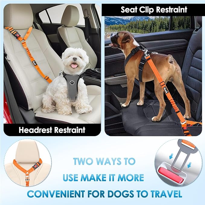 Lukovee Dog Seatbelt Leash for Cars, 2 Pack Pet Safety Car Seat Belt with Adjustable Buckle &amp; Reflective Bungee, Connect Dog Harness in Vehicle Car Dogs Restraint Travel Daily Use (Orange)