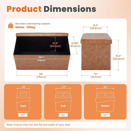 Sweetcrispy 30 Inches Folding Ottoman with Storage Bench, Foot Rest Stool, End of Bed Storage Bench Upholstered, Load 660 lbs, for Living Room, Synthetic Leather, Brown