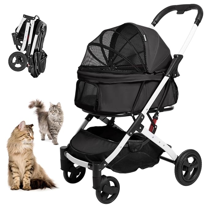 Pet Stroller for Medium Small Dog &amp; Cat, Foldable Lightweight Dog Stroller with Storage Basket Pet Travel Carriage with Safety Leashes, 4 Wheel, Black