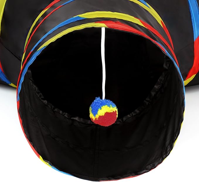 Tempcore 3 Way Collapsible Cat Tube Toys, Kitty Tunnel with Peek Hole Toy Ball, Black &amp; Rainbow