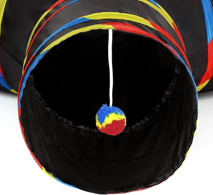 Tempcore 3 Way Collapsible Cat Tube Toys, Kitty Tunnel with Peek Hole Toy Ball, Black &amp; Rainbow