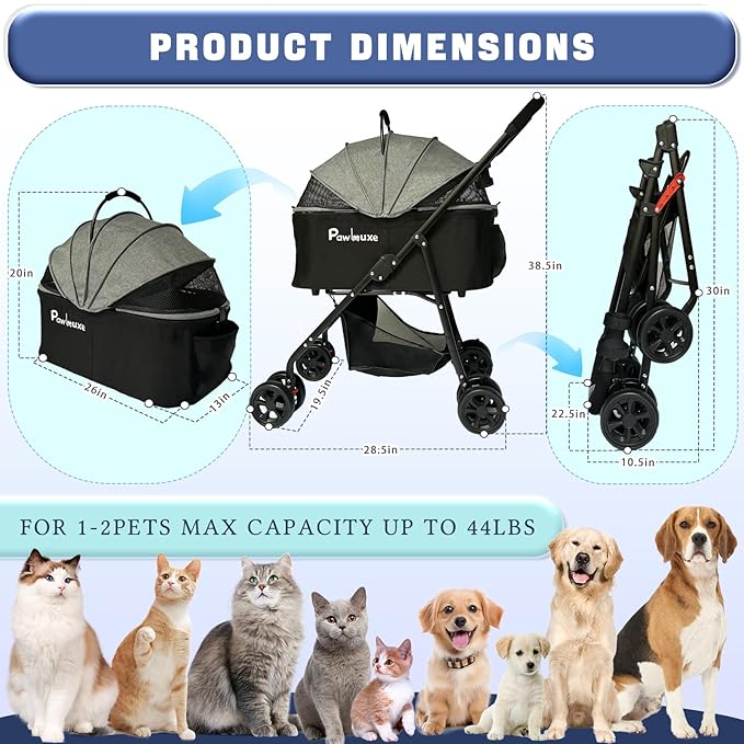 4 Wheels Pet Stroller 4 in 1 Pet Stroller with Detachable Carrier for Small &amp; Medium Dogs Cats up to 55 lbs Easy-Folding Travel Dog Wagon with Car Seat Breathable Mesh,Blue Cartoon