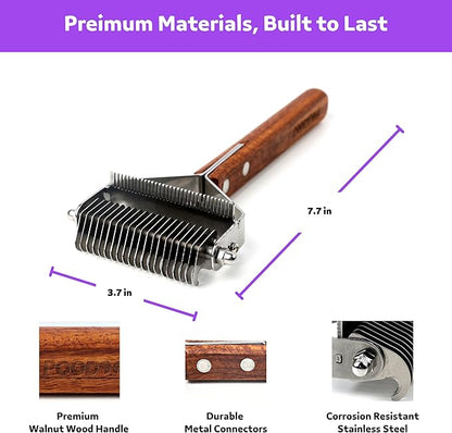 2 in 1 Dogs Cats Dematting Grooming Comb, Perfect Deshedding Undercoat Rake for Poodle &amp; Goldendoodle, Efficiently Detangling Shedding Loose Hair &amp; Matted Fur, All Long Haired Pet (Dark)