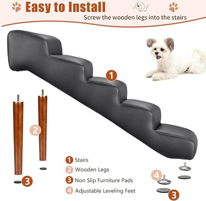 Senneny Black Faux Leather Dog Stairs, for Pets up to 150 lbs, Waterproof, Scratch Resistant Pet Steps/Stairs with High Density Foam and Detachable Wooden Legs, Black, 5 Step