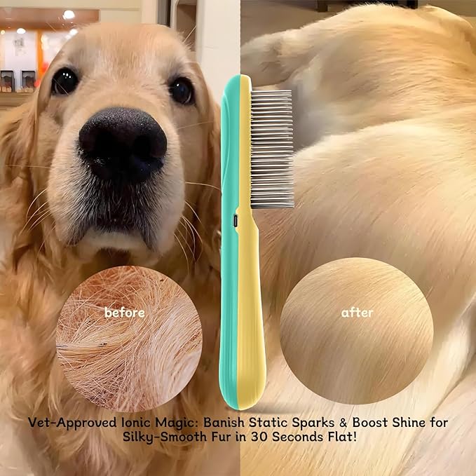 Premium Flea Comb for Dogs &amp; Cats with Long Hair - 3-Row Stainless Steel Detection Tool with Manual Cleaning Brush | Electric Negative Ion Grooming Comb for Shaggy Dogs, Cats and Long-haired Animals