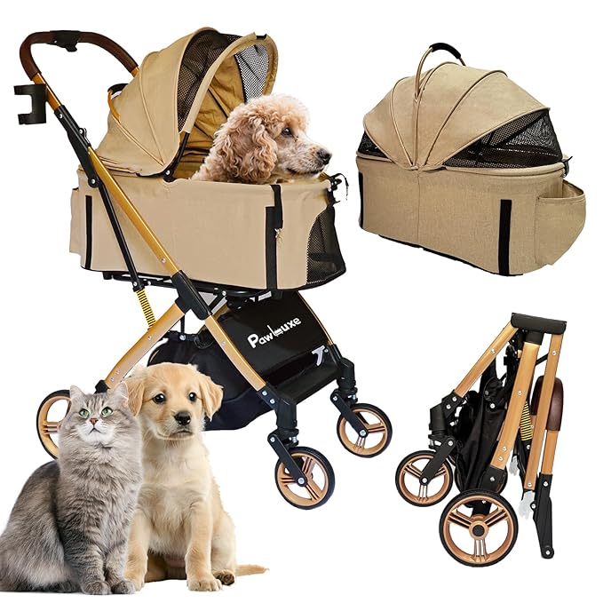 Pet Stroller for Small &amp; Medium Dogs Cats up to 55 lbs 4-in-1 Foldable Travel Pet Stroller with Detachable Carrier Lightweight All-Terrain Spring Damping,Car Seat,Sun Canopy,Khaki