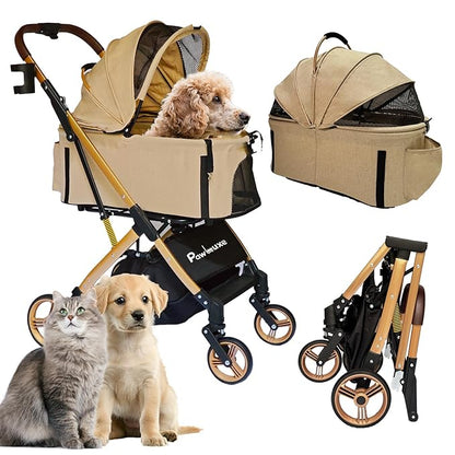 Pet Stroller for Small &amp; Medium Dogs Cats up to 55 lbs 4-in-1 Foldable Travel Pet Stroller with Detachable Carrier Lightweight All-Terrain Spring Damping,Car Seat,Sun Canopy,Khaki