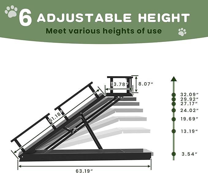 6 Level Height Adjustable Dog Ramp for Bed, Couch 65" Foldable Pet Ramp with Non-Slip Mat，DIY Glow Strips &amp; Rest Platform Heavy Duty Dog Stairs for Large Dogs up to 200Lbs ，Black