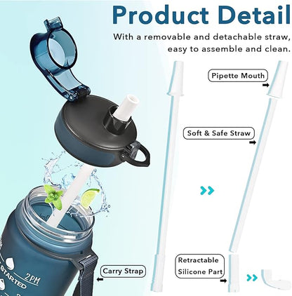 Enerbone Water Bottle, Leakproof BPA &amp; Toxic Free, Motivational Water Bottle with Times to Drink and Straw, Fitness Sports Water Bottle with Strap for Office, Gym, Outdoor Sports