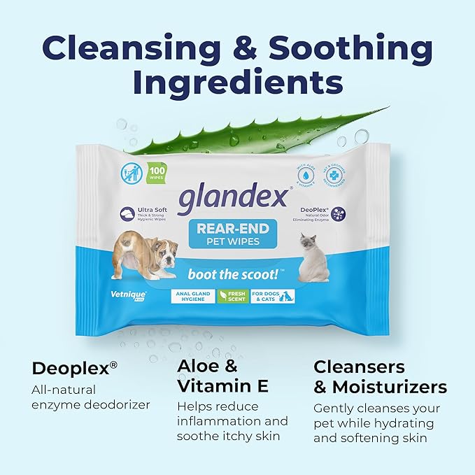 Vetnique Labs Glandex Dog Wipes for Pets Cleansing &amp; Deodorizing Anal Gland Hygienic Dog &amp; Cat Wipes with Vitamin E, Skin Conditioners and Aloe (100ct Pouch)